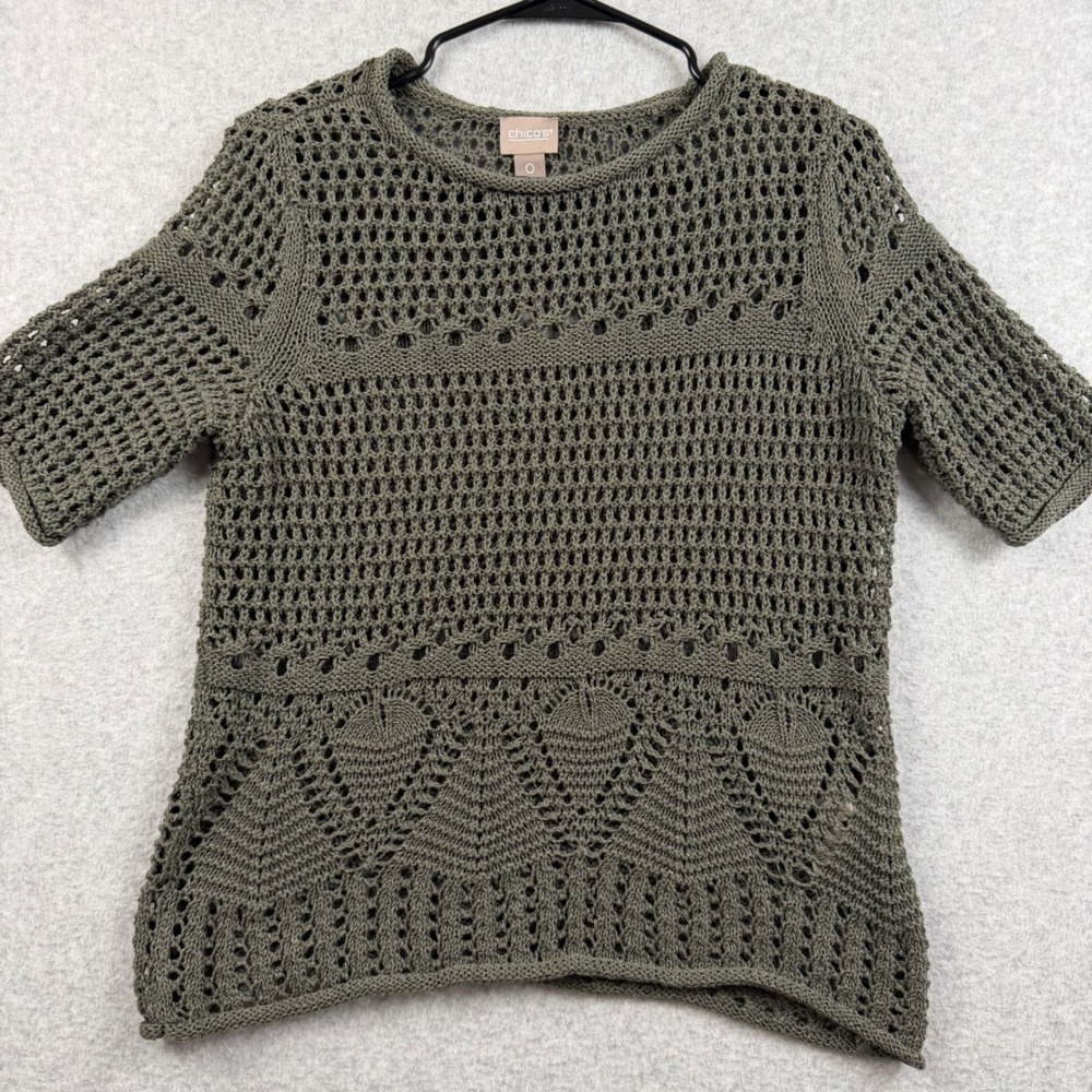 Chico's Crochet Knit Top Women Size S Olive Green Short Sleeve Open Weave Boho